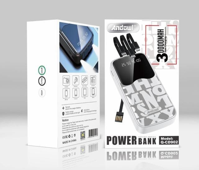 POWER BANK 30000MAH ΜΕ ΕΝΣΩΜΑΤΩΜΕΝΑ ΚΑΛΩΔΙΑ & ΓΡΗΓΟΡΗ ΦΟΡΤΙΣΗ ANDOWL 