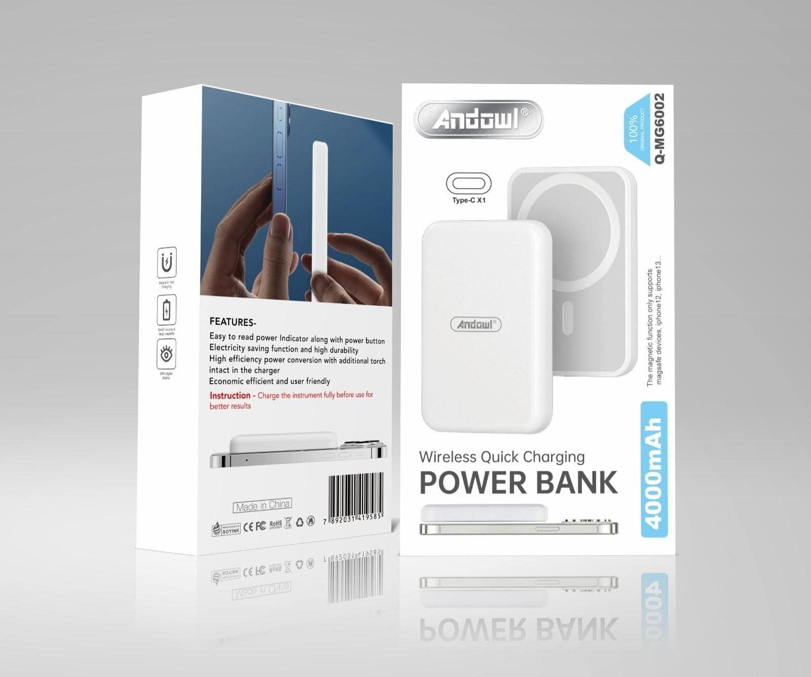 POWER BANK MAGNETIC MAGSAFE 4000MAH ΜΕ ΘΥΡΑ USB-C – ΛΕΥΚΟ ANDOWL