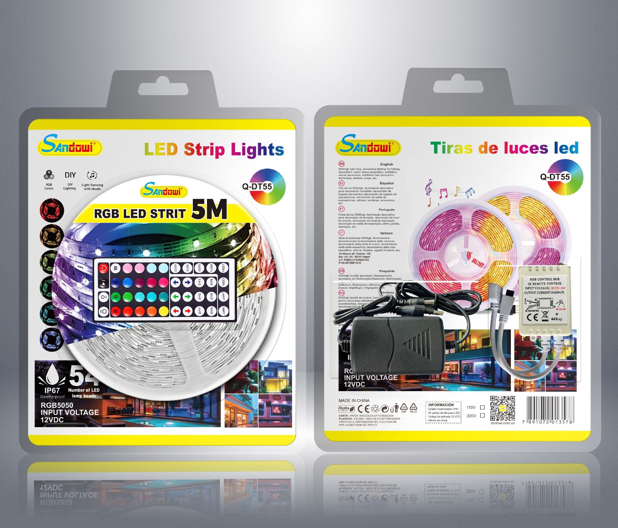 ΔΙΠΛΗ ΤΑΙΝΙΑ LED RGB 5M ΜΕ ΤΡΟΦΟΔΟΤΙΚΟ ΚΑΙ ΤΗΛΕΧΕΙΡΙΣΤΗΡΙΟ ANDOWL Q-DT06